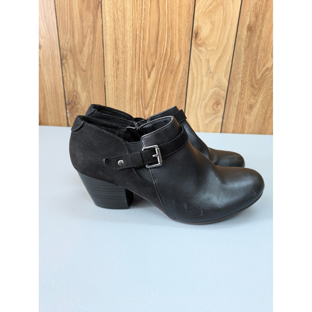 American Eagle Black Ankle Boots Womens 8.5 Block Heel Buckle Faux Leather Suede